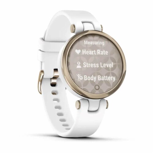 Garmin Lily Smartwatch - Cream Gold Bezel with White Case and Silicone Band Perspective: top