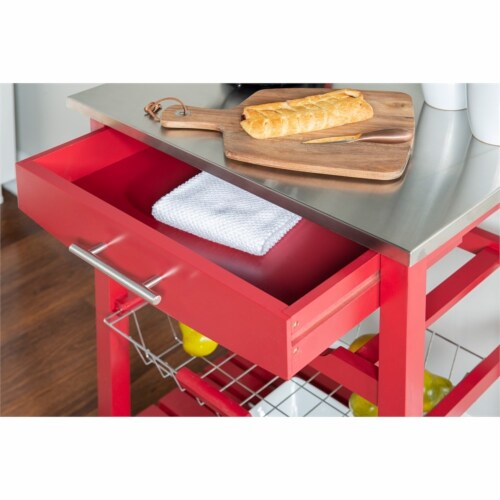 Linon Natalie Wood Stainless Steel Top Kitchen Cart in Red Perspective: top