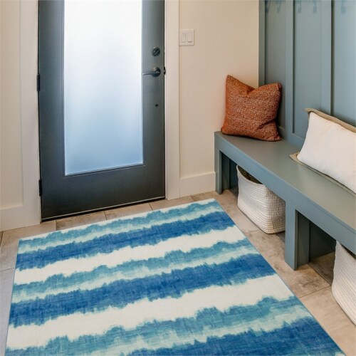 Linon Indoor Outdoor Washable Beck Polyester Accent 3'x5' Rug in Ivory and Blue Perspective: top