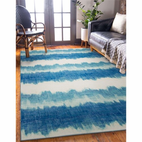 Linon Indoor Outdoor Washable Beck Polyester Area 5'x7' Rug in Ivory and Blue Perspective: top