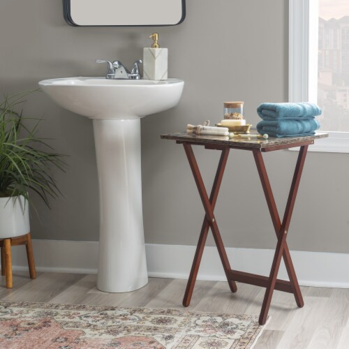 Linon Faux Marble Wood Five Piece Tray Table Set in Brown 1
