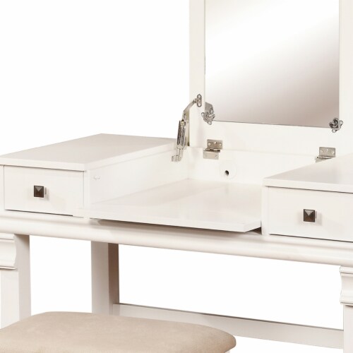 Wooden Vanity Set with Flip Top Mirror and 2 Drawers, White and Beige Perspective: top