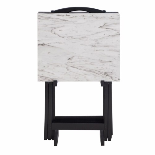 Linon Faux Marble Wood Five Piece Tray Table Set in White 1
