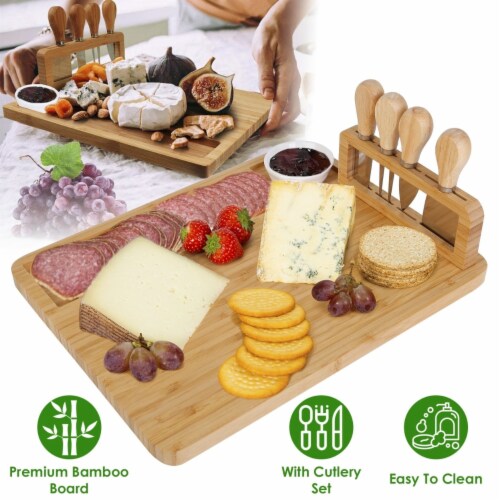 Bamboo Cheese Board Charcuterie Cheese Platter Board Serving Tray with Cutlery Set for Perspective: top