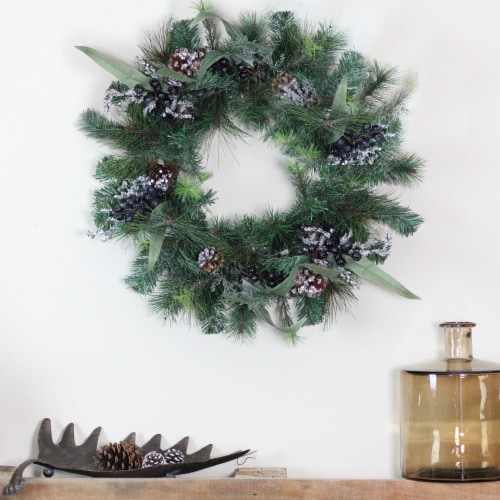 Northlight Mixed Pine with Blueberries Pine Cones and Ice Twigs Artificial Christmas Wreath - Perspective: top