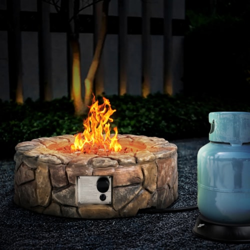 28inch Stone Gas Fire Pit 40,000 BTU Propane Patio Yard w/ Lava Rocks