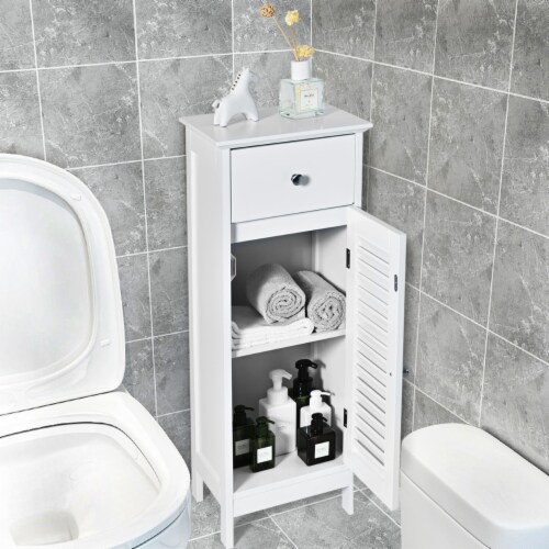 Bathroom Floor Storage Cabinet Side Wooden Organizer w/ Drawer & Shutter Door Perspective: top