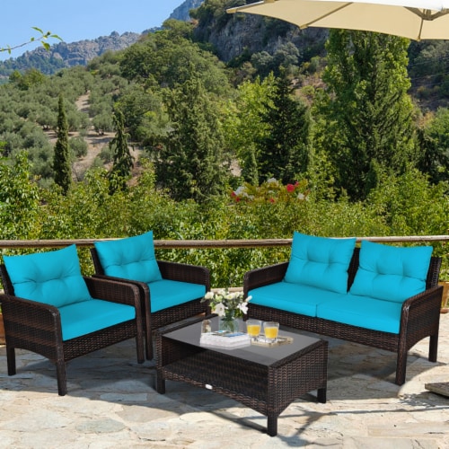 4PCS Rattan Patio Furniture Conversation Set Cushioned Outdoor Furniture Set Perspective: top