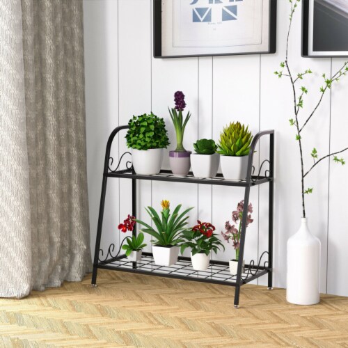 Gymax 2-tier Metal Plant Stand Shelf Flower Pot Holder Display Rack Shoe Organizer Perspective: top