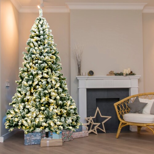 7.5ft Pre-lit Snow Flocked Christmas Tree Hinged Pine Tree Holiday Decoration Perspective: top