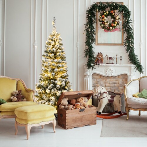 4.5ft Pre-lit Pencil Snow Flocked Pencil Christmas Tree Holiday Decoration Perspective: top