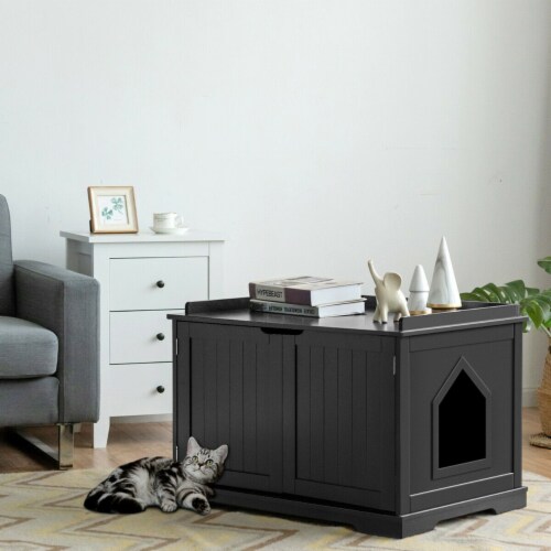 Gymax Cat Litter Box Wooden Enclosure Pet House Sidetable Washroom Storage Bench Black Perspective: top