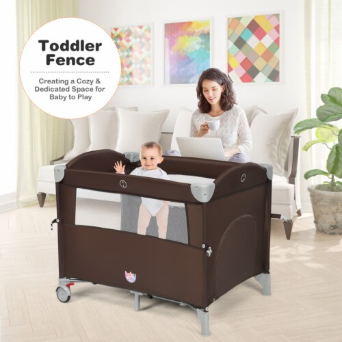 5-in-1 Baby Beside Sleeper Bassinet Portable Crib Playard w/Diaper Changer Brown Perspective: top