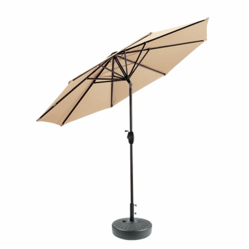 WestinTrends 9 ft. Patio Table Umbrella w/Black Round Freestanding Weight Base, Beige Perspective: top