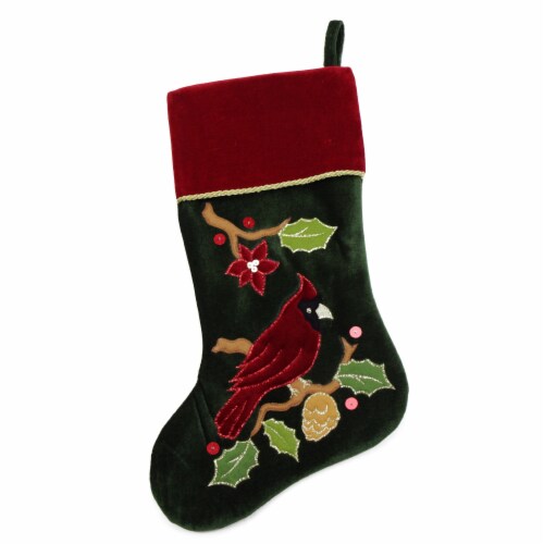 Northlight 20.5 Red and Green Cardinal Embroidered Christmas Stocking Perspective: top