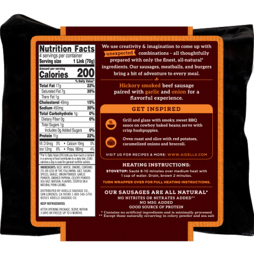Aidells® 100% Beef Hickory Hardwood Smoked Sausage Links Perspective: top