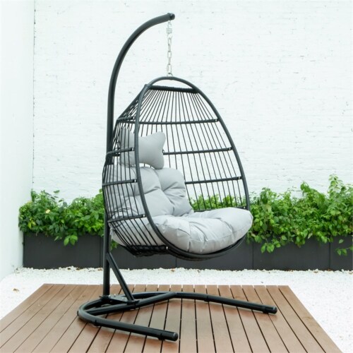 Leisuremod White Wicker Indoor Outdoor Hanging Egg Swing Chair For Bedroom And Patio With Stand And Cushion In Taupe ESCW-40TP - The Home Depot