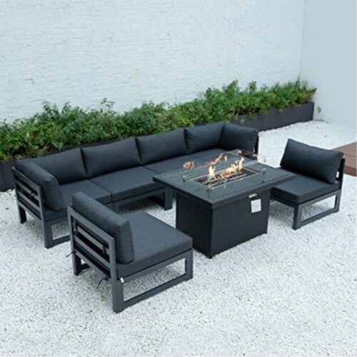 LeisureMod Mace Wicker Patio Modern Black Propane Fire Pit Table Perspective: top