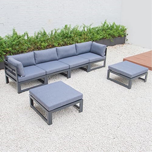 LeisureMod Chelsea 6-Piece Patio Ottoman Sectional Black Aluminum With Cushions Perspective: top
