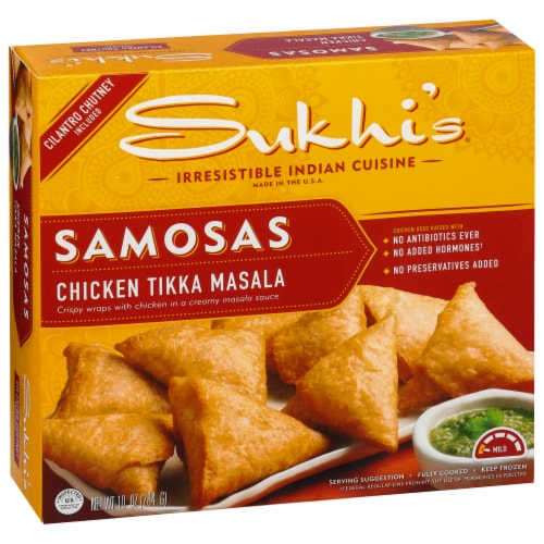 Sukhi's Indian Chicken Tikka Masala Samosa Frozen Appetizer Snack with Cilantro Chutney Sauce, 10oz Perspective: top