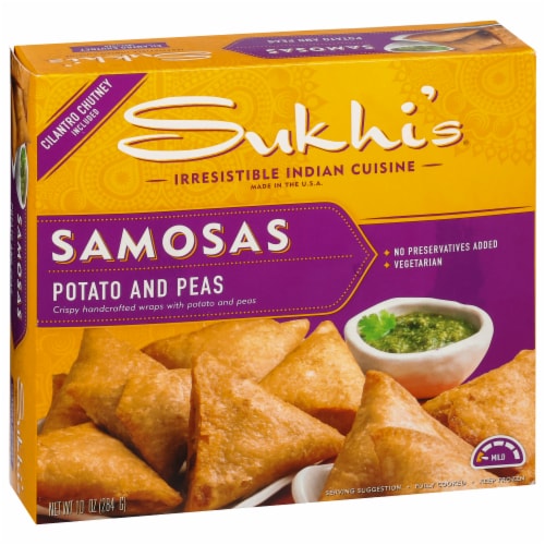 Sukhi's Indian Potato & Pea Samosa Frozen Appetizer Vegetarian Snack with Cilantro Chutney Sauce Perspective: top