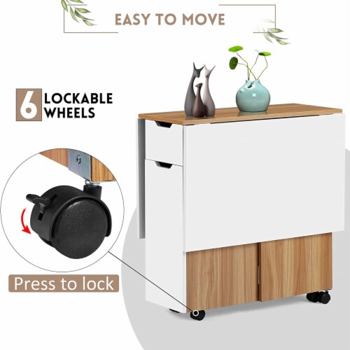 JOMEED Folding Dining Kitchen Table with Drawer and 2-Layer Storage Shelf, White Perspective: top