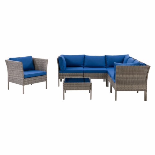 CorLiving 7pc Patio Sectional Set with Chair  - Black with Ash Gray Cushions Perspective: top