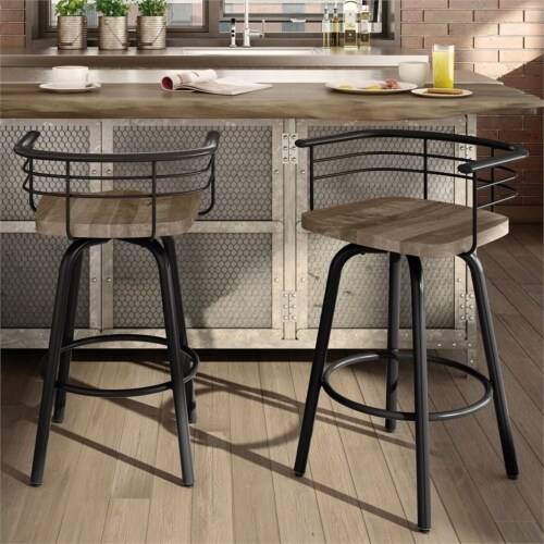 Amisco Brisk 29  Distressed Wood Swivel Bar Stool in Beige/Gun Metal Perspective: top