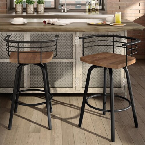 Amisco Brisk 25  Distressed Wood Swivel Counter Stool in Brown/Gun Metal Perspective: top