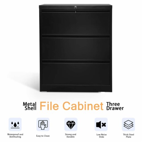 AOBABO 3 Drawer Lateral File Cabinet w/ Lock for Letter/Legal Size Paper, Black Perspective: top
