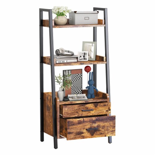 Fabato 3 Tier Display Bookcase with Ladder Shelves and Metal Frame, Rustic Brown Perspective: top