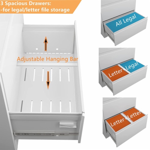 AOBABO 3 Drawer Lateral File Cabinet w/ Lock for Letter/Legal Size Paper, White Perspective: top