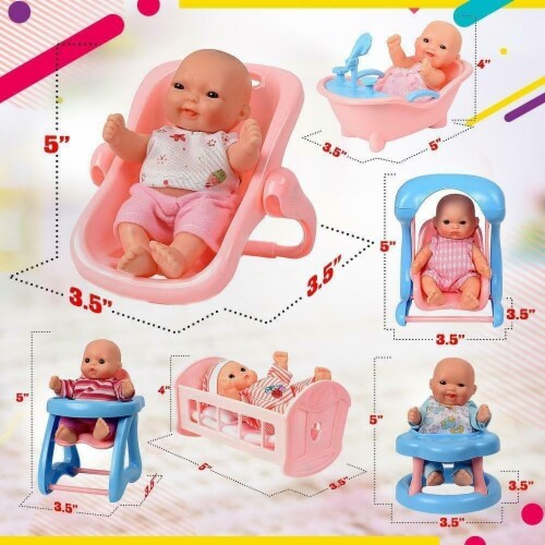 Set Of 6 Mini Baby Dolls With Cradle High Chair Walker Bathtub Swing Baby Seat 1 unit Smith s Food and Drug