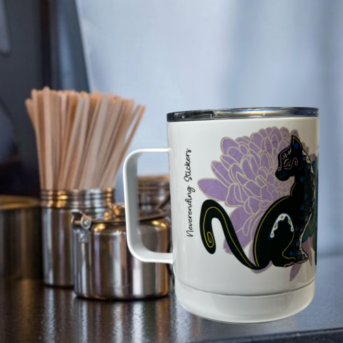 10oz Stainless Steal Coffee Cup - Black Cat Purple Blue Floral Perspective: top