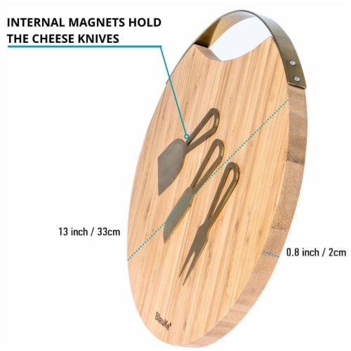 Bamboo Cheese Board and Knife Set with Magnetic Cutlery Storage - 13 Round Charcuterie Board Perspective: top