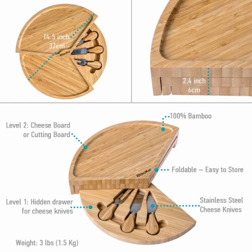 Bamboo Cheese Board and Knife Set - 14 Inch Swiveling Charcuterie Board with Slide-Out Drawer Perspective: top
