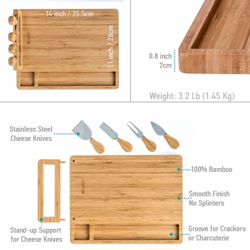 Bamboo Cheese Board and Knife Set - 14x11 inch Charcuterie Board with 4 Cheese Knives Perspective: top