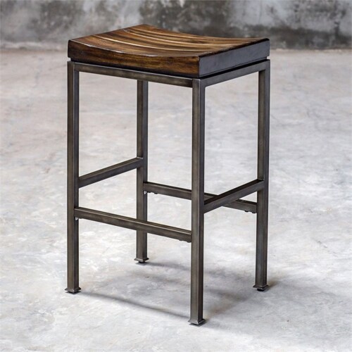 Uttermost Beck 30 Metal and Wood Bar Stool in Dark Walnut and Brushed Steel Perspective: top