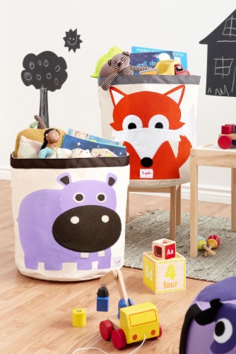 3 Sprouts Canvas Storage Bin Laundry and Toy Basket for Baby and Kids, Hippo Perspective: top