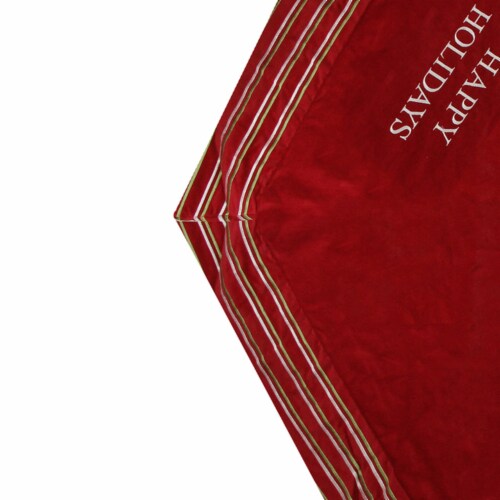 Season's Designs 56  Red and White 'Happy Holidays' Christmas Tree Skirt with Striped Trim Perspective: top