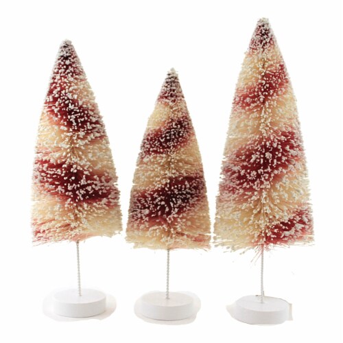 Christmas Candy Cane Bottle Brush Trees Set Of Three Snow Glittered Lc0691 Perspective: top