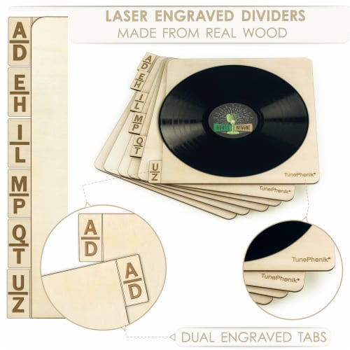 TunePhonik Dual Sided Wooden Record Dividers | Alphabetical Holders | 7”-12” LP Perspective: top