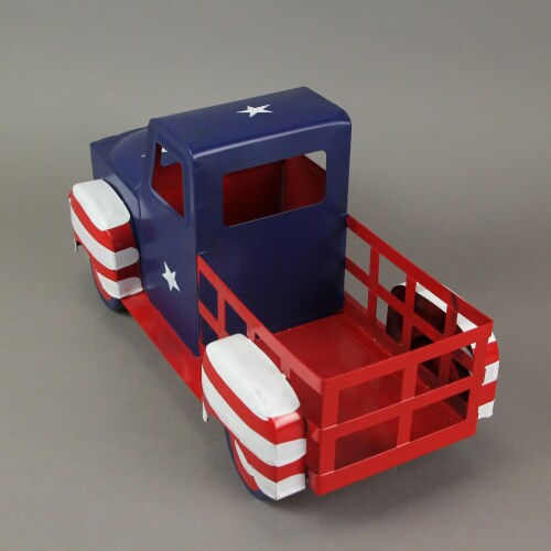 Rustic Metal Vintage Patriotic Pickup Truck Planter Antique Red White Blue Decor Perspective: top