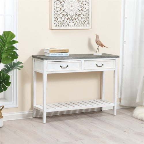 LuxenHome Distressed White Wood and Metal Console and Entryway Table Perspective: top