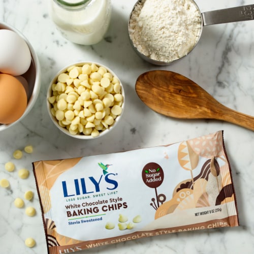 LILY'S White Chocolate Style No Sugar Added Baking Chips Bag Perspective: top