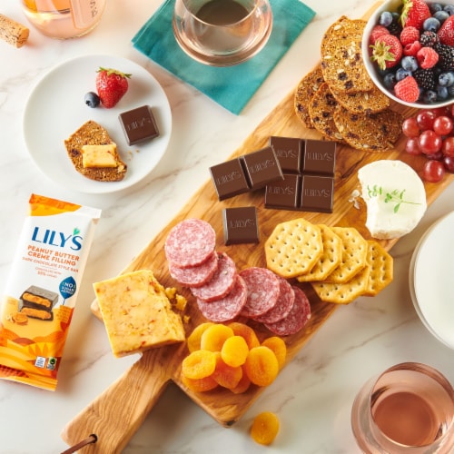 LILY'S Peanut Butter Creme Filled Dark Chocolate Style No Sugar Added Sweets Bar Perspective: top