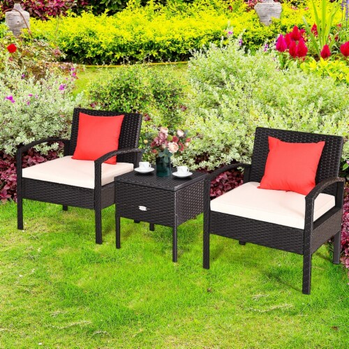 3PCS Rattan Patio Conversation Set Outdoor Furniture Set w/ Storage Table Perspective: top