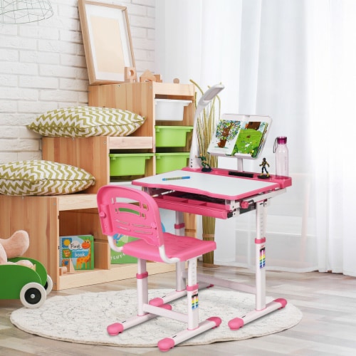 Height Adjustable Kids Desk Chair Set Study Drawing w Lamp Bookstand Pink 1 unit Fry s Food Stores