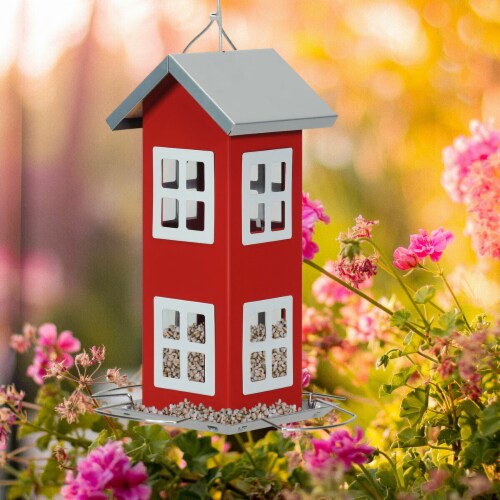 Gymax Outdoor Wild Bird Feeder Weatherproof House Design Garden Yard Decoration Red Gymax Outdoor Wild Bird Feeder Weatherproof House Design Garden Yard Decoration Red
