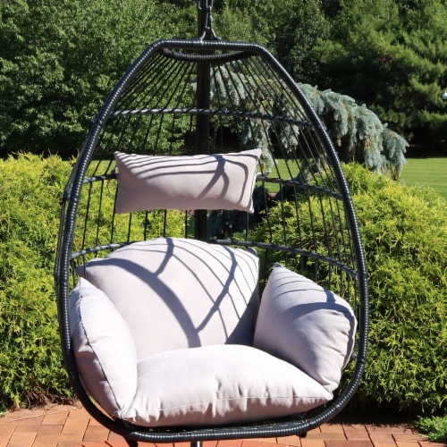 Sunnydaze Large Black Resin Wicker Hanging Egg Chair with Cushions